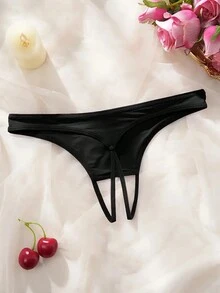 Plus Size Women's Sexy Letter Print Thong Panties, Backless - Black - View 3