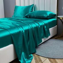 Satin Bed Sheets 10 Colors Faux Silk Shet Set Cooling Soft Sheet With Deep Pocket Fitted Sheet Pillow Cover - 綠松石 - 查看 1