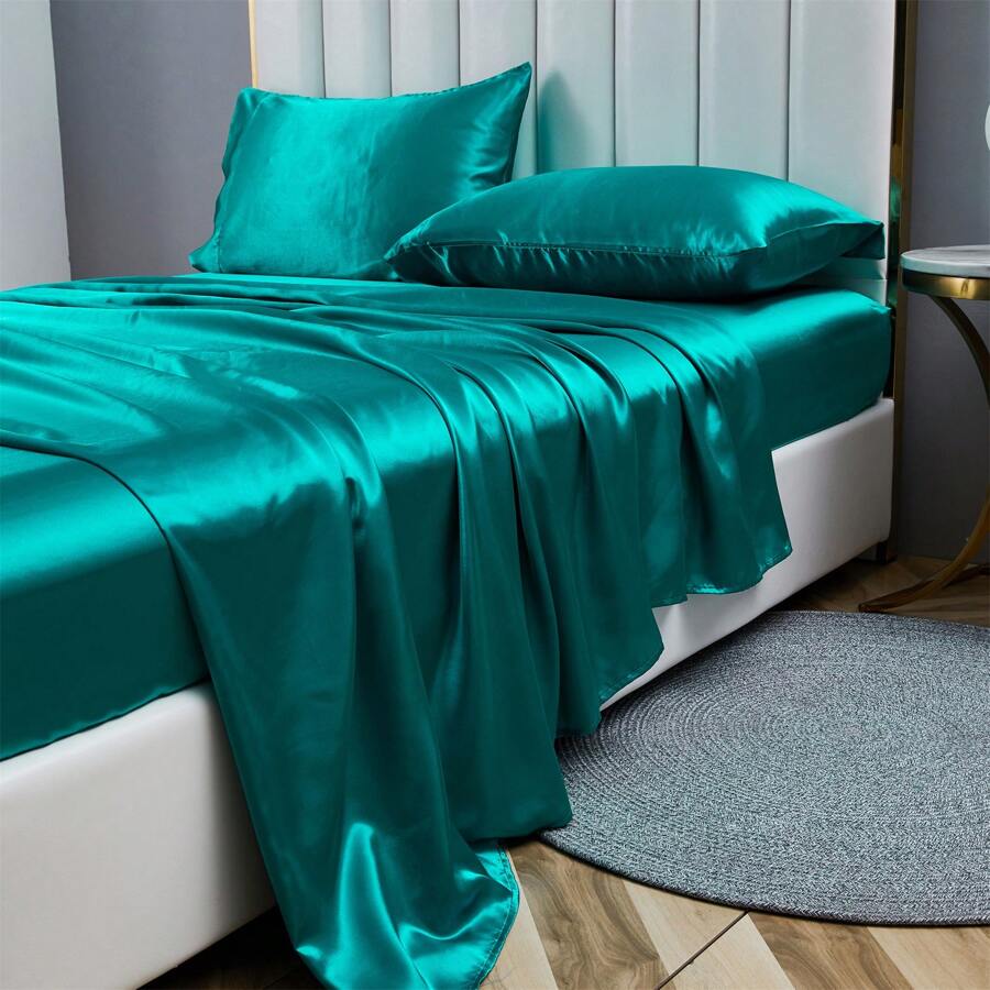 Satin Bed Sheets 10 Colors Faux Silk Shet Set Cooling Soft Sheet With Deep Pocket Fitted Sheet Pillow Cover - 綠松石 - 查看 1