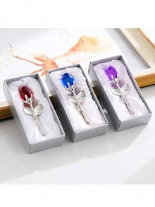 1pc Mini Glass Rose Crystal Flower Artificial Flower Decoration For Office Desktop, Wedding, Party, Valentine's Day Gift (Gift Boxed, Random Gift Box Color) - Multicolor - View 2