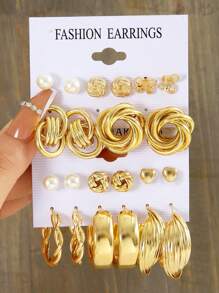10-22 件时尚优雅复古仿珍珠花朵蝴蝶结心形几何圆形不对称夸张金属耳环套装，适合节日聚会约会日常佩戴礼物 - 金黃色 - 查看 11
