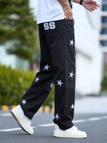 Men Star Print Black Denim Jeans - Black - View 3
