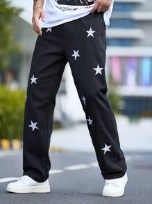 Men Star Print Black Denim Jeans - Black - View 5