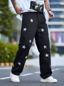 Men Star Print Black Denim Jeans - Black - View 4