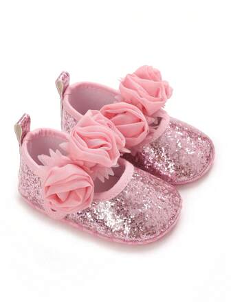 婴儿鞋闪光设计软底，百搭花卉边饰装饰玛丽珍平底鞋，幼儿公主芭蕾平底鞋