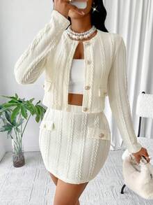 Conjunto informal de 2 piezas de blusa de punto crema y falda para el trabajo - Beis - Ver 6