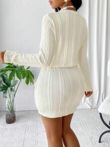 Conjunto informal de 2 piezas de blusa de punto crema y falda para el trabajo - Beis - Ver 2