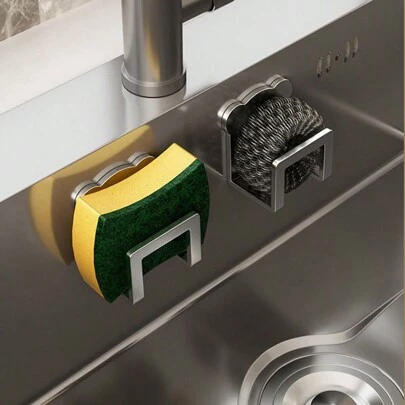 1 pieza Organizador de fregadero de cocina de acero inoxidable - Tipo adhesivo, sin necesidad de perforar, estante para esponjas y estante de drenaje | Gancho de almacenamiento montado en la pared, adecuado para tela y accesorios, estante de almacenamiento de osos de peluche, artículos de cocina, accesorios de cocina, utensilios de cocina