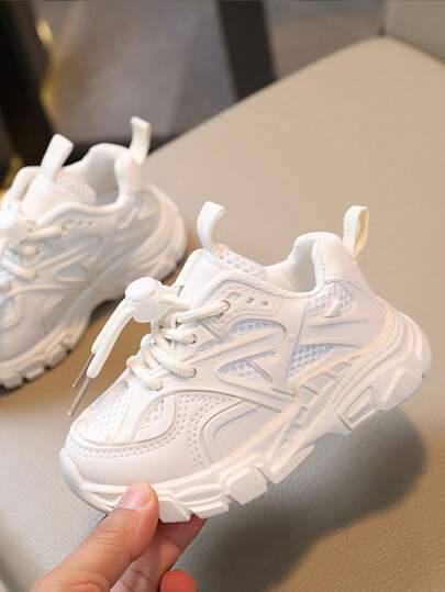 1pair Girls Soft Bottom Solid Color Mesh Fabric Sneakers, Button Decor, Breathable, Anti-Slip, Fashionable Baby Shoes For Spring Autumn