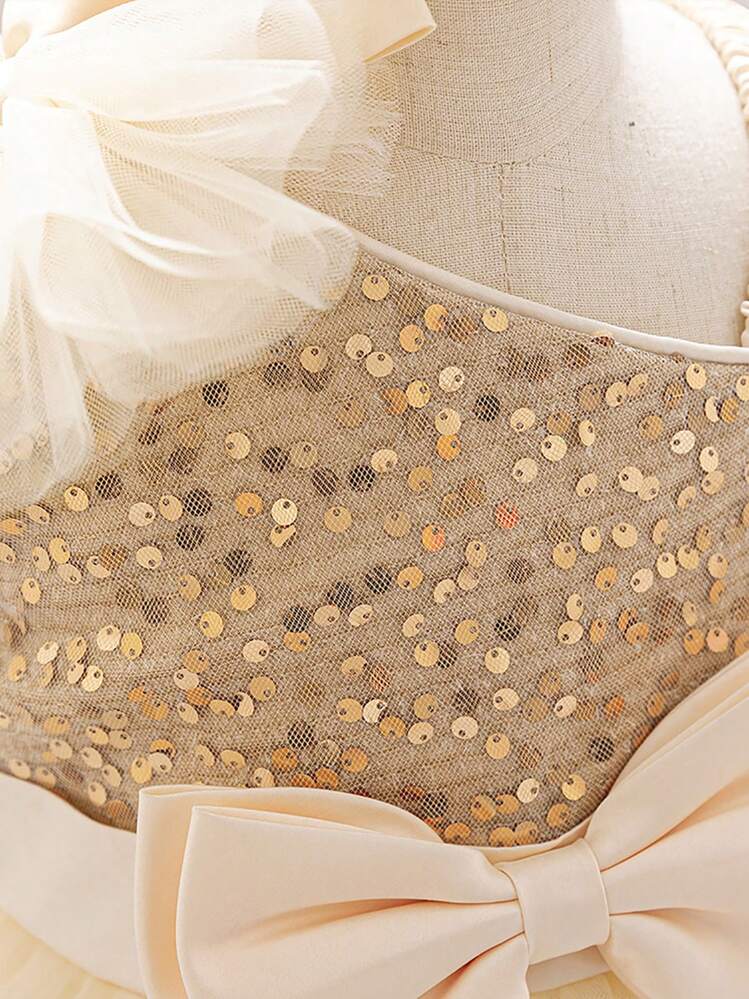 Vestido elegante de princesa color champán con lentejuelas para niñas, adecuado para fiestas - Champán - Añade 5