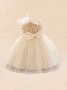 Vestido elegante de princesa color champán con lentejuelas para niñas, adecuado para fiestas - Champán - Ver 2