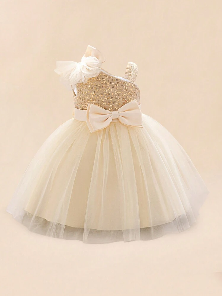 Vestido elegante de princesa color champán con lentejuelas para niñas, adecuado para fiestas - Champán - Añade 2