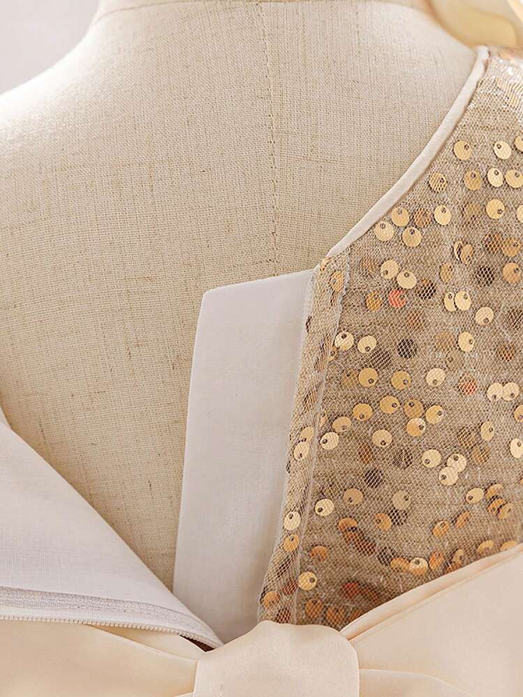 Vestido elegante de princesa color champán con lentejuelas para niñas, adecuado para fiestas - Champán - Añade 6