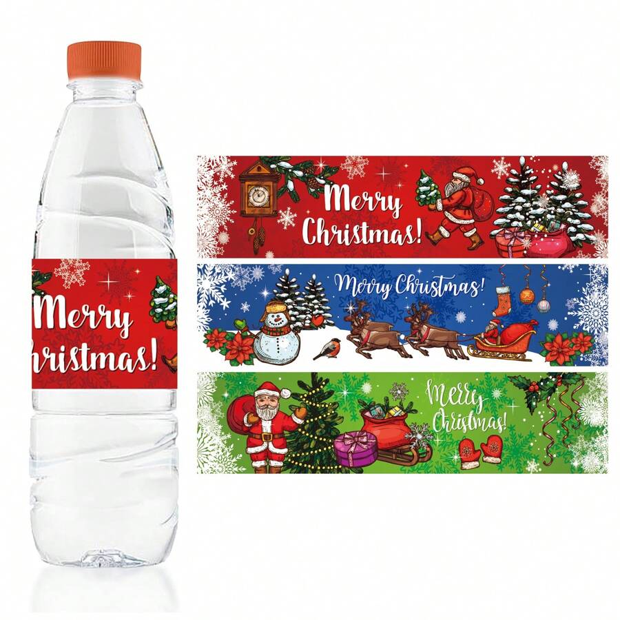 24 piezas de etiquetas para botellas de agua para decoraciones de fiesta de Navidad, etiquetas a prueba de agua con tema navideño para botellas de agua, suministros para fiestas como adornos navideños - Multicolor - Ver 1
