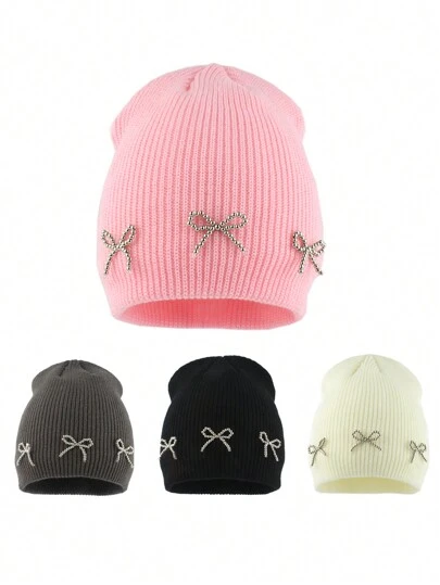ROMWE Kawaii Winter Warm Knitted Hats For Women Korea Elegant Beaded Bow Cute Hat Fashion Street Hip Hop Beanie Caps Outdoor Sport Ski Cap Valentine's Day Valentines