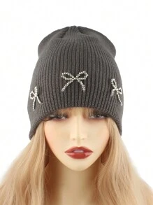 Winter Warm Knitted Hats For Women Korea Elegant Beaded Bow Cute Hat Fashion Street Hip Hop Beanie Caps Outdoor Sport Ski Cap Valentine's Day Valentines,Summer,Beach - Bead Bow - View 2