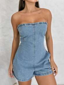 The Lemon 3019 Short Denim Overalls For Women Plain Short Sleeve 3019 - Rửa trung bình - Xem 1