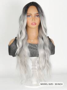 Long Ombre Black Gray Wavy Wig For Women 30 Inch Middle Part Curly Wavy Wig Natural Looking Synthetic Heat Resistant Fiber Wig For Daily Party Use (Ombre Black Gray)