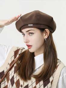 1pc Women's Black Beret Hat, Spring & Autumn, Large Head Circumference, Face-Flattering Beanie, Painter Hat, Suitable For Daily Wear