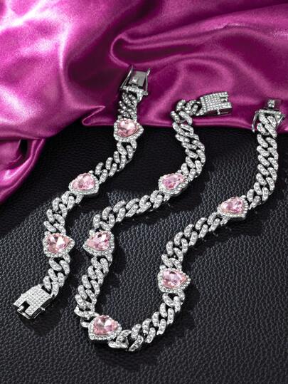 1set Women's Pink & White Dual Tone Crystal Heart Necklace & Bracelet, Punk & Hip Hop Style Chain, Jewelry Gift & Party Wear Valentines