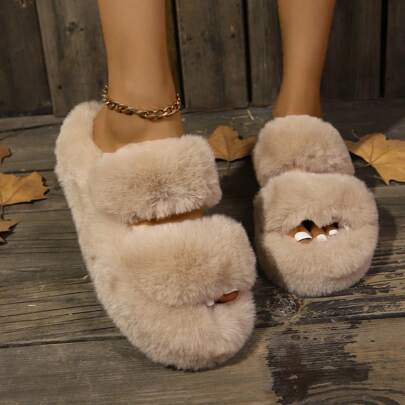 New Fashion Fluffy Slippers For Women, Outdoor High-End Thick Sole Fluffy Slip-On Sliders
