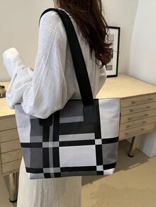 New Color Block Shoulder Bag, Fashion Large Capacity Handbag, Versatile Tote Bag - Grey - View 6