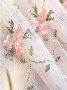1pc Perforated Fresh Ditsy Floral Embroidered Sheer Curtain For Bedroom/Living Room, Pink