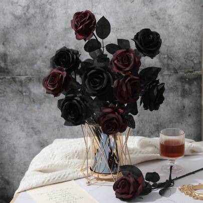 6/10pcs Black Artificial Silk Roses, Fake Flower Bouquet For Halloween Party & Dark Style Decor, Valentine Day, Gift Gifts Birthday Graduation Home Decor Halloween Decor Room Decor
