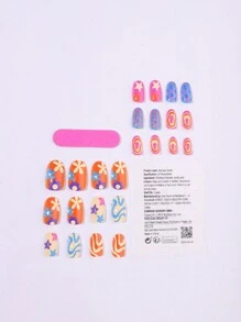 Y2K 24 件中长椭圆形迷幻复古按压式指甲，带 3D 抽象艺术 - 充满活力和乐趣的对齐假指甲，打造大胆、引人注目的外观 - 非常适合女性和女孩 - 彩色 - 查看 3