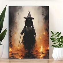 1 Pc Wooden Framed Halloween Wall Art Canvas Posters Set, Vertical Art Deco Witch & Pumpkin Party Decor, Oblong Shape Spooky Ghost Bat Night Sc, Birthday Party Decor, Home Living Room Office Wall Decor, Perfect Gift