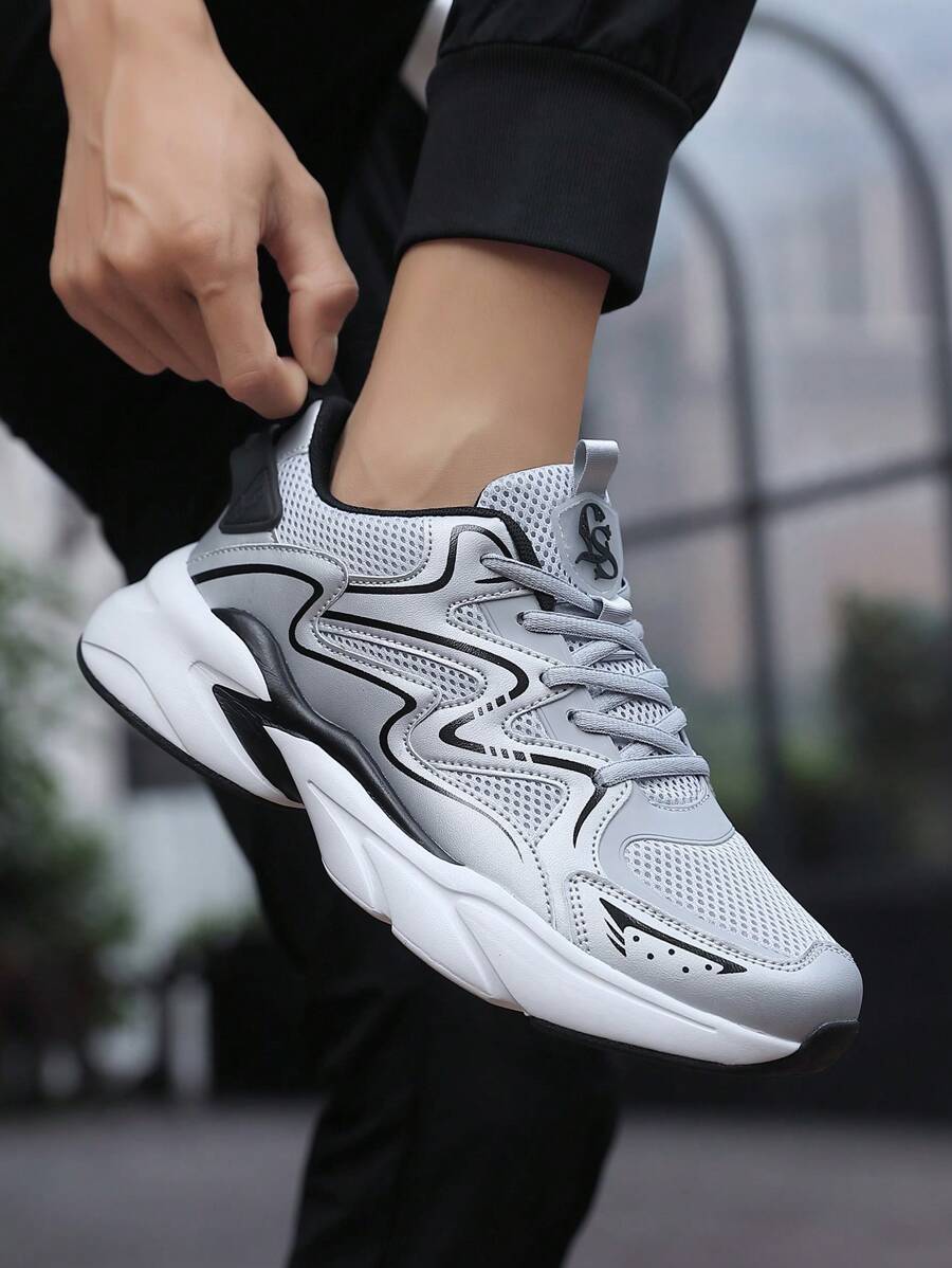 男士休闲运动鞋，大码低帮橡胶底网眼鞋，复古厚底运动鞋，透气训练鞋，适合青少年夏季休闲或户外运动或度假旅行或毕业礼物或生日礼服配饰，健身房 2000 年代风格情人节创意 - 銀色 - 查看 1