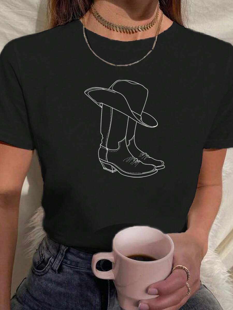 Women's T-Shirt Babylook T Shirt 100% Cotton Country CowGirl CowGirl Boot Hat - màu đen - Xem 1