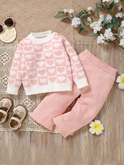 2 件装女婴甜心提花针织毛衣上衣和休闲阔腿裤套装，粉色