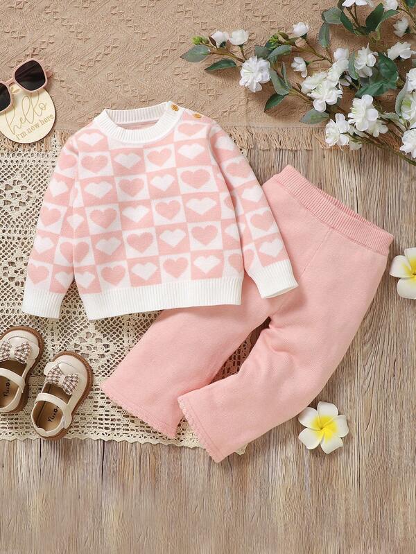 2 peças Conjunto de Top de Tricô com Jacquard Coração Doce e Calça Casual Perna Larga para Meninas Bebês, Rosa