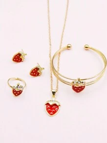 5 件装可爱草莓水钻吊坠项链、戒指、手链、耳环首饰套装，红色 - 紅色 - 查看 2