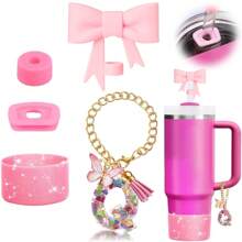 Set de 5 accesorios para tazas de 30oz y 40oz, decoraciones con iniciales para tumblers, que incluye tapa y funda de silicona para pajita, tapa a prueba de derrames, y dije para asa