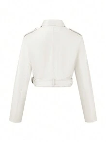 Risissida 女士不对称拉链仿皮机车夹克，可调节腰带，适合春季都市通勤，白色优雅款 - 白色 - 查看 9