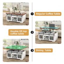 VOWNER Barn Doors Lift Top Coffee Table Convertible To Dining Table, 3 In 1 Multi-Function Coffee Table With Large Storage Space - 棕色 - 查看 5