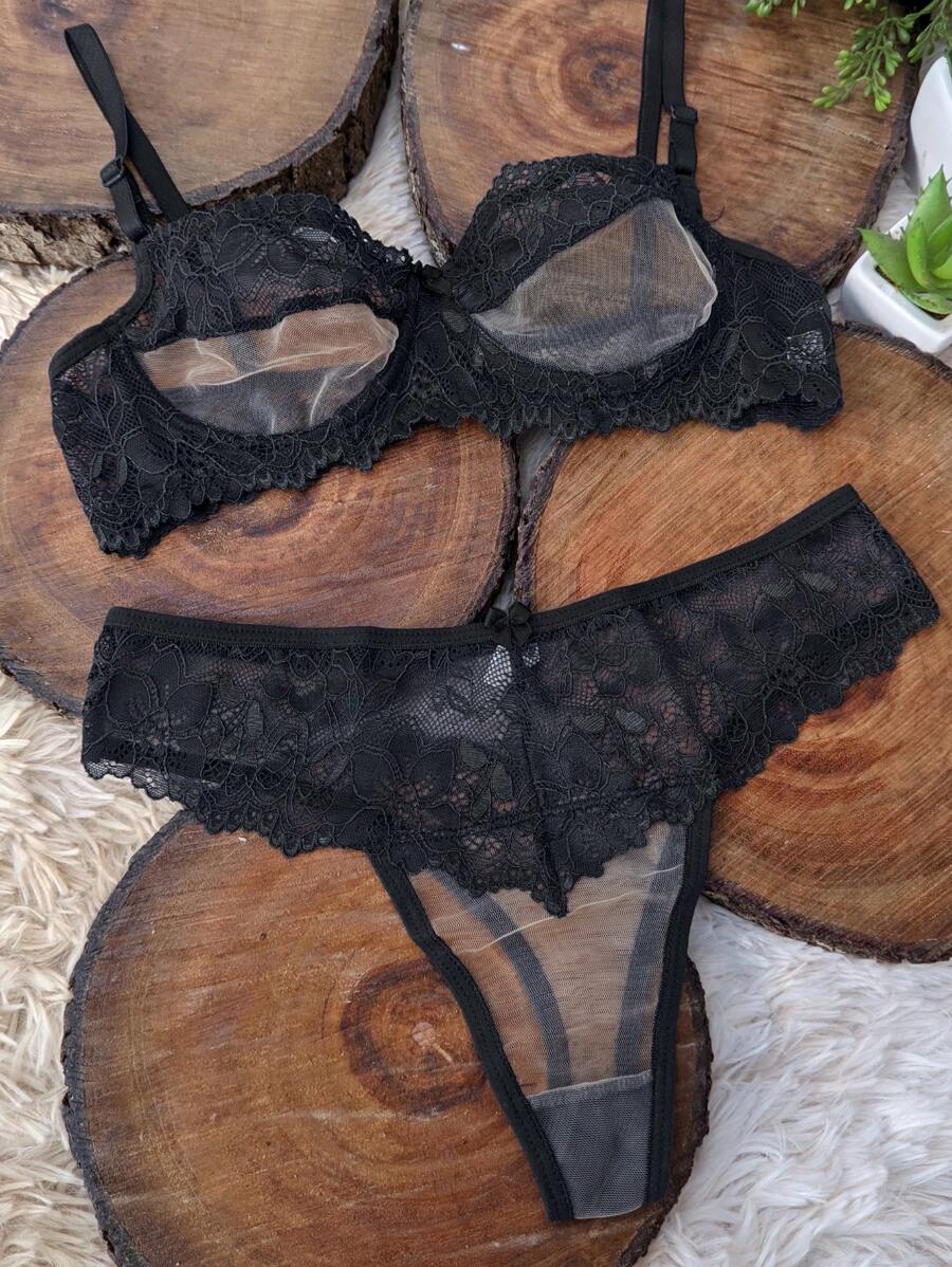 Lingerie Set Without Underwire With Invisible Tulle Sensual Panties Comfortable Bra Margareth Sexy Lingerie Adjustable Straps - Black - View 1