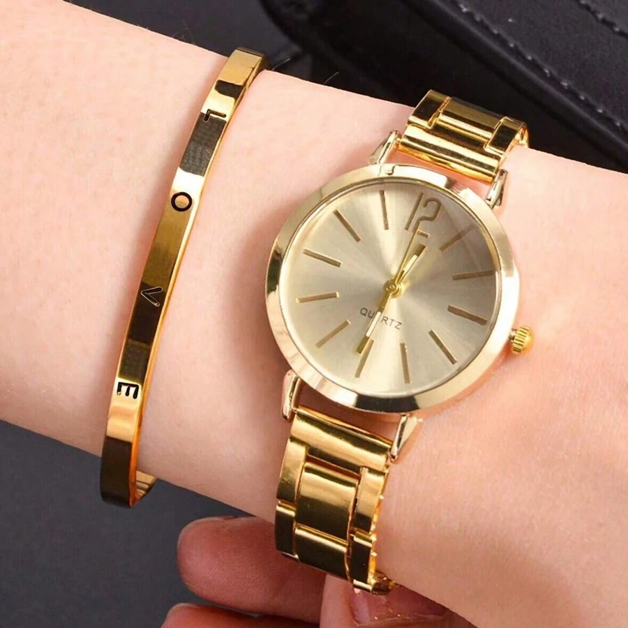 JasonRolls 两件套女士手表，简约时尚金色合金表壳搭配钢表带石英表，以及心形手链，适合日常佩戴，生日礼物之选。 - 金色 - 查看 1