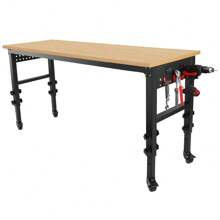 72" *24'' Adjustable Workbench, Rolling Heavy-Duty Worktable With Power Outlet And Wheels, Large Load Capacity Rubber Wood Top Workbench For Garage, Office, Workshop, Home, Easy Assembly - 黑色 - 查看 11
