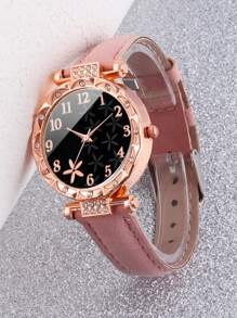 1pc Quartz Bracelet Watch With Rhinestone Flower Dial For Girls & 6pcs Heart Leaf Jewelry Set