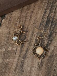 1 对复古波西米亚风格金属日月月光石不对称耳环，适合女士，节日礼物 - 古金色 - 查看 3