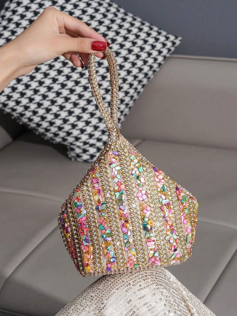 Women's Evening Clutch Bag With Rhinestone Decoration, Fancy Shaped Handbag, Perfect For Formal Party, Cocktail Dress Accessory, Glamorous Rhinestone Bag, Bags Ladies Elegant, Wedding - Champagne - View 1