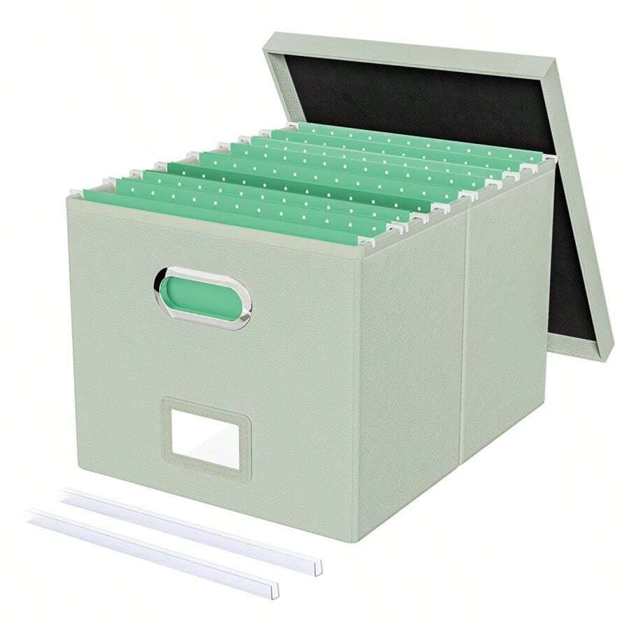 File Organizer Box,Filing Box With Lid,File Box For Letter/Legal File Folder Storage, Portable Hanging File Box For Office/Decor/Home,1 Pack,Black-Box Only - Grey-green(Leather) - View 1