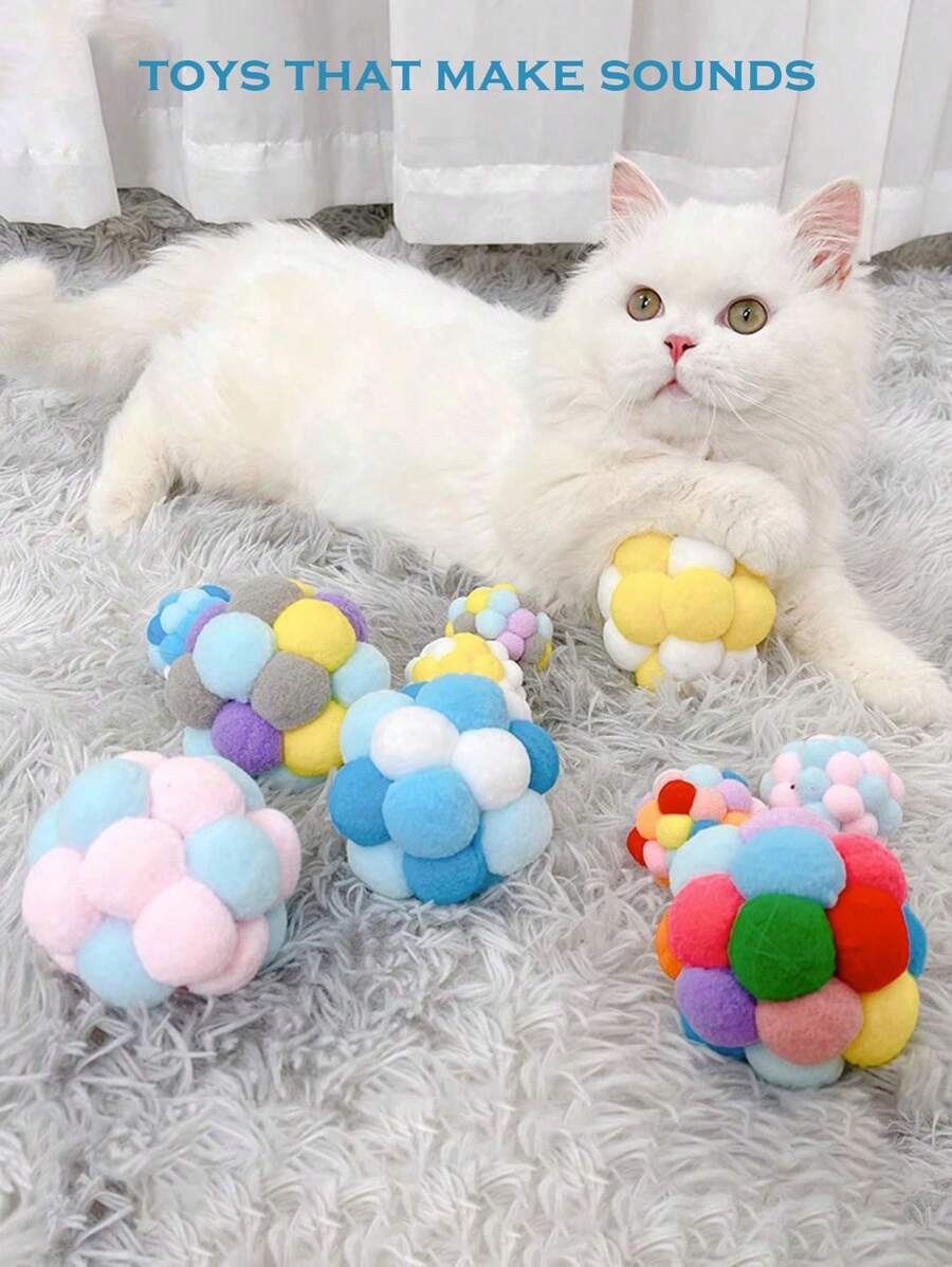 6 件装猫玩具趣味猫弹力球玩具小猫毛绒铃铛球老鼠玩具星球球猫咬玩具互动宠物（颜色随机）