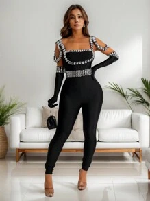 Fashion Summer Spring Slim Elegant Versatile Sparkling Rhinestone Suspenders New Long Jumpsuit Festival - Black - View 3