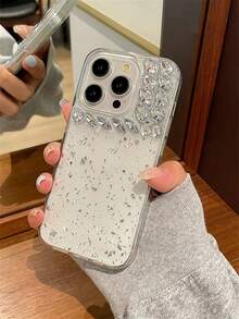 闪光银箔 3D 水钻钻石手机壳适用于 iPhone 15 14 13 12 Pro Max 奢华环氧透明软壳适用于苹果手机女式美学外壳闪亮礼物 - 銀箔水鑽 - 查看 2