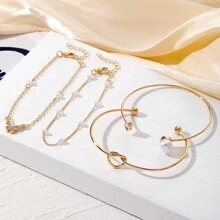 1set Minimalist Butterfly & Faux Pearl Bracelet Set - 4pcs/gold - View 3