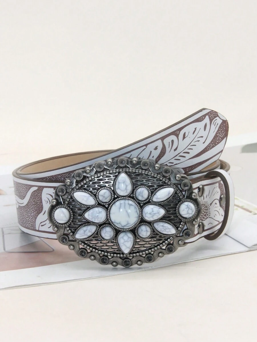 1 件女士白色宝石装饰风牛头印花时尚 PU 皮革宽腰带，适合牛仔裤和连衣裙夏季、学校秋季、秋季、万圣节